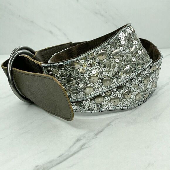 Old Navy Wide Sequin D-Ring Belt Genuine Leather Trim Small (S) ✨ - Picture 3 of 5